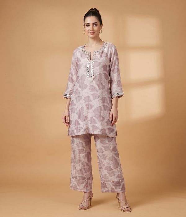 Blush Abstract Print Embellished Co-Ord Set